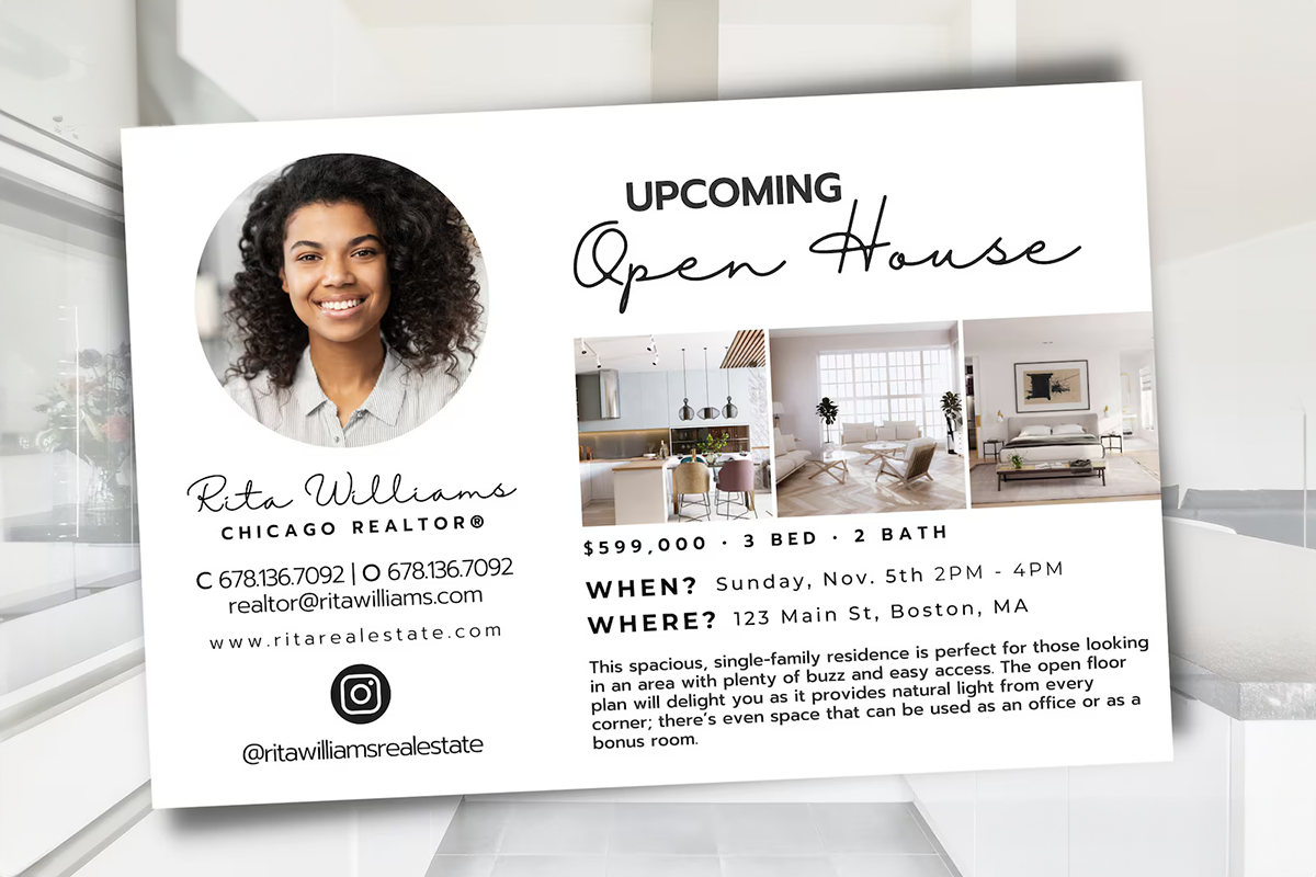 Open house postcard with headshot