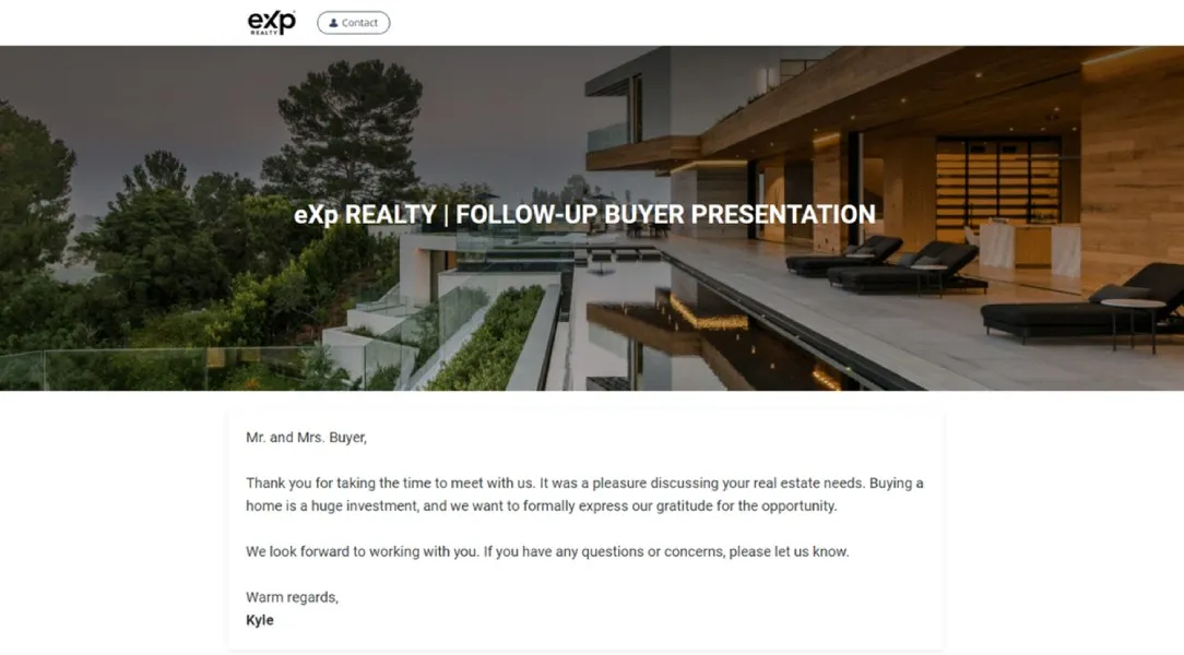 Example follow-up buyer presentation with image and personalized note to buyers.