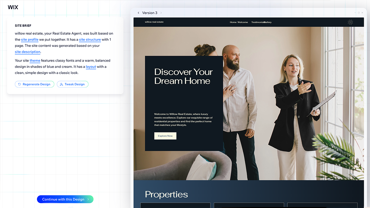 Screenshot of Wix's AI website builder