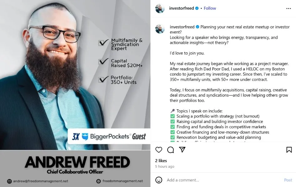 Investor credentials post on Instagram by @investorfreed