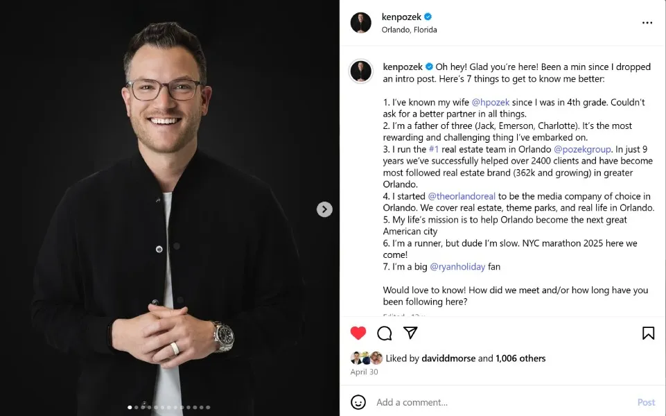 Introductory Instagram post by @kenpozek