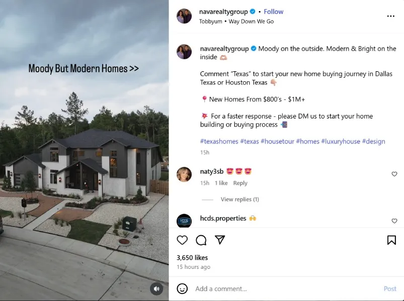 Modern home in Texas Instagram post by @navarealtygroup