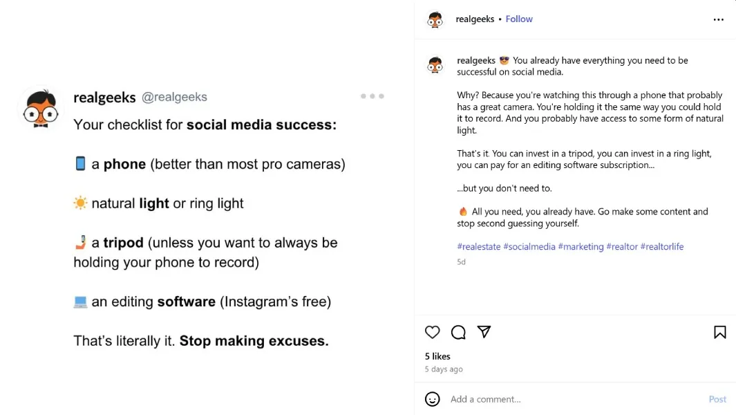 social media checklist Instagram post by @realgeeks