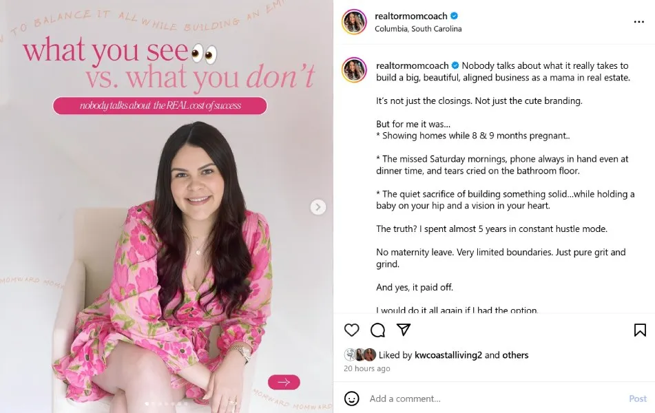 behind the scenes Instagram post by @realtormomcoach
