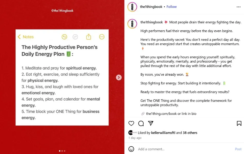 Productivity post on Instagram by @the1thingbook
