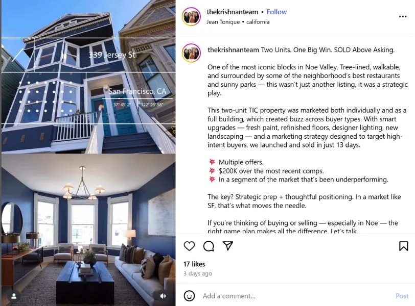 Just sold listings Instagram post by @thekrishnanteam