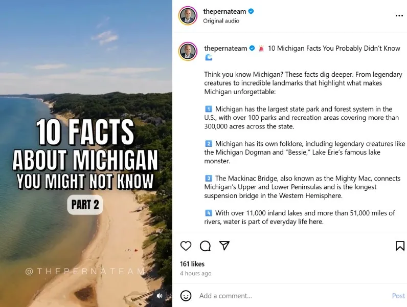 ocal facts about Michigan Instagram post by @thepernateam