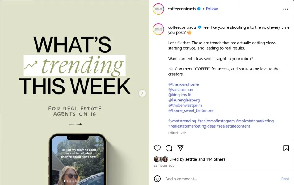 Instagram post from Coffee and Contracts showing what's new this week in their platform.