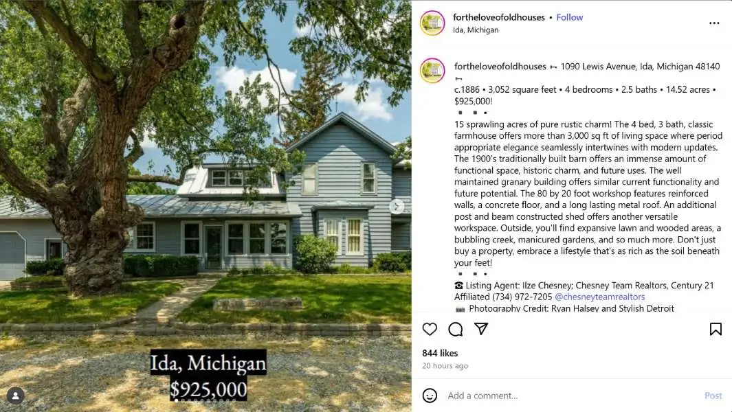 Instagram post from @fortheloveofoldhouses of a home in Ida, Michigan.
