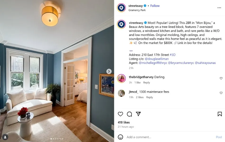 Instagram post from @streeteasy showcasing an apartment in Gramercy Park.