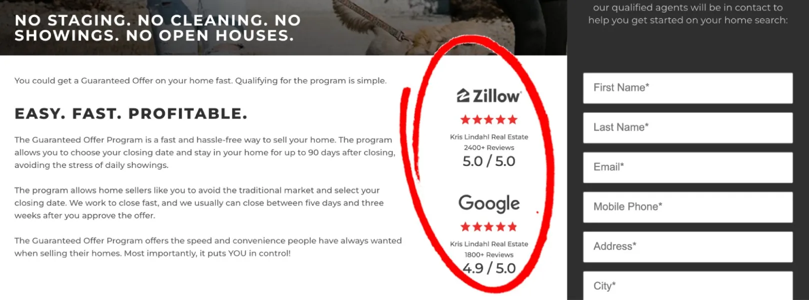 Home valuation landing page screenshot from Kris Lindahl with social proof from Zillow and Google circled.