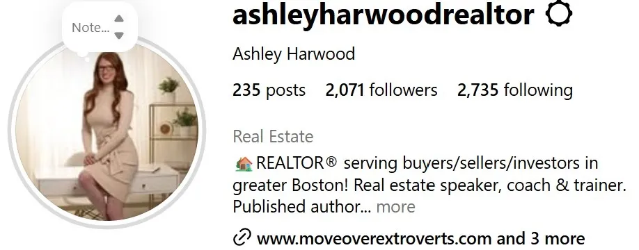 Bio from Ashley Harwood's Instagram.