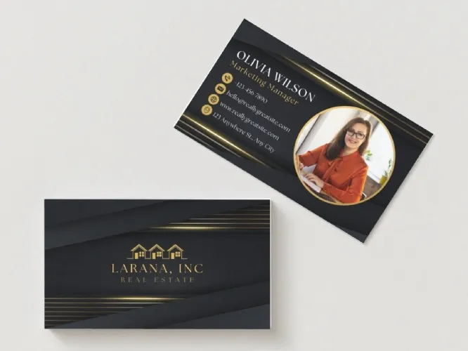 Black business card with gold writing showcasing an agent headshot and contact info.