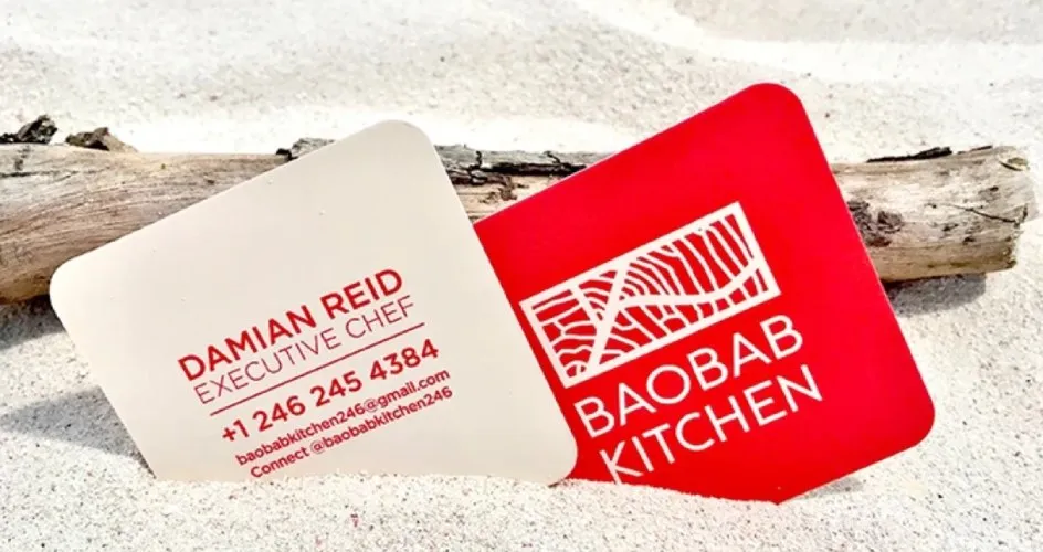 Bold, red square-shaped business card.