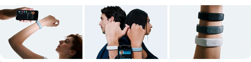People wearing wristbands that double as digital business cards.